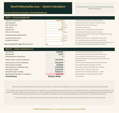 Screenshot of the Rent vs Buy India Excel decision-making tool